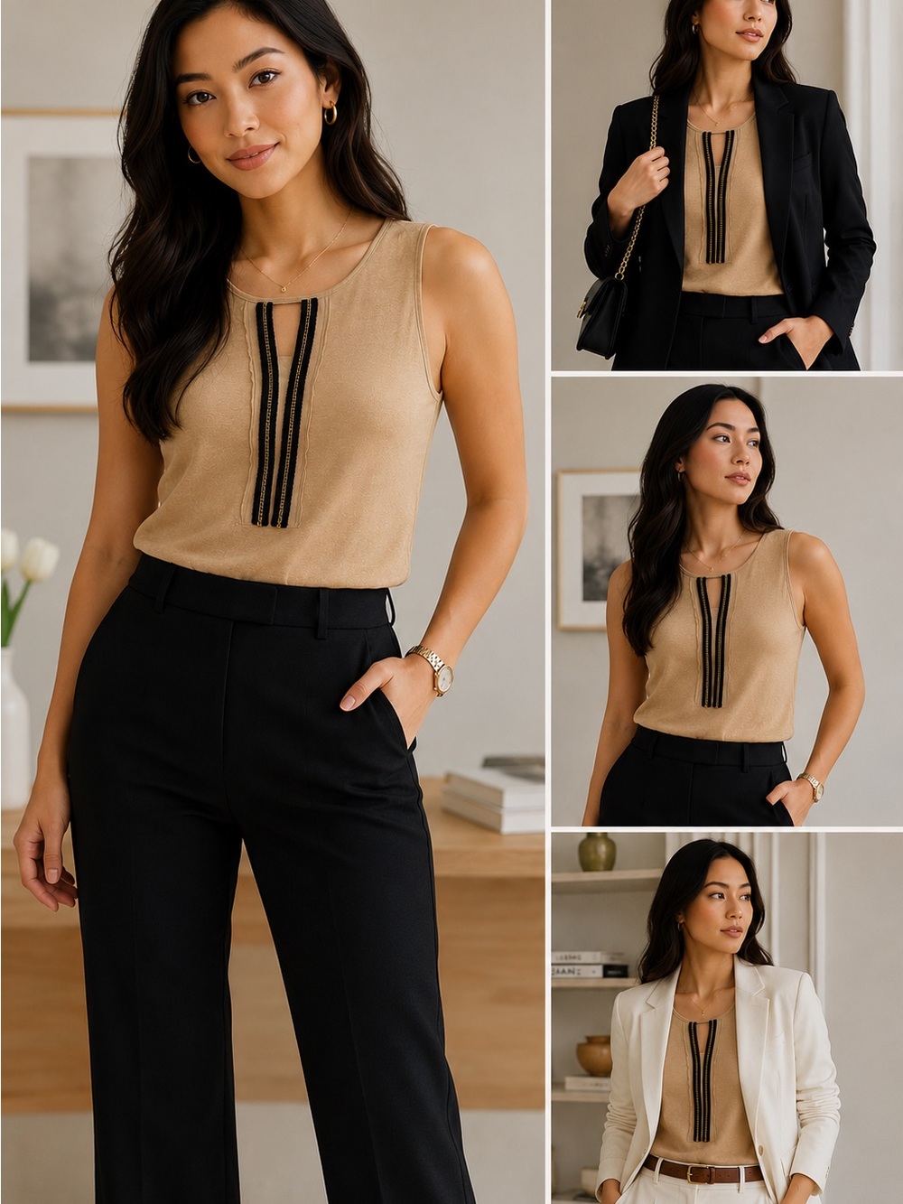 Ann Taylor Beige Chain Trim Sleeveless Shell Top XS Quiet Luxury Office Chic